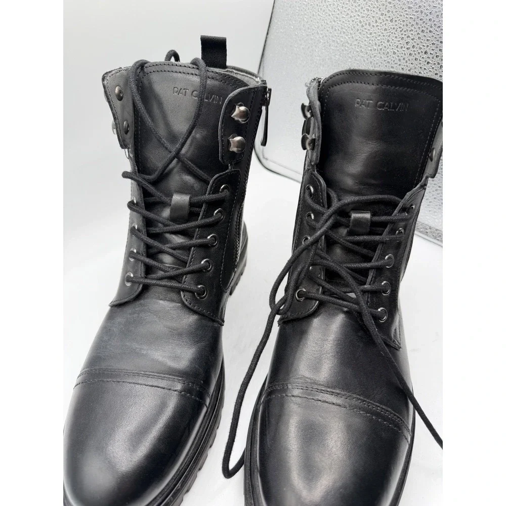 Pat Calvin Mens Black Leather Combat Boots Side Zip Cap Toe Lug Sole EU 43 US 10